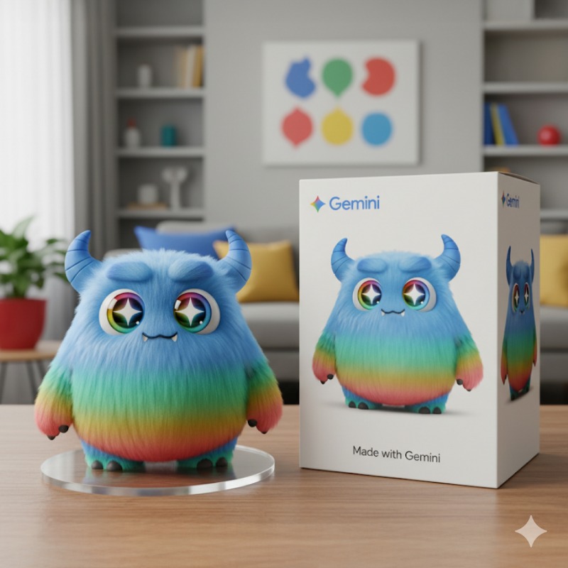 googlejapan's tweet photo. Google の AI「Gemini」で
もふもふ（仮）をフィギュアにしてみた 🍌

Gemini アプリに写真と、
以下の文言を入力するだけ✨

「机の上に置かれた、写真のキャラのリアルな1/7フィギュアの画像を作成して。透明ベース。元の作品が印刷され、Made with Gemini とだけ書かれたパッケージを隣に。」