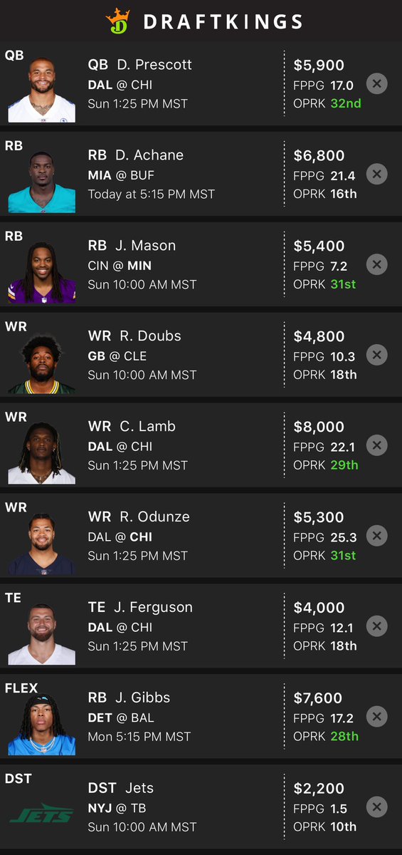 LUCKY_PICJZZ's tweet photo. DFS Thur-Mon Slate ๐ฅ
One build that I really like. Good luck boys.
๐จ๐๐๐ก๐ ๐ง๐ข ๐๐ข๐๐ก ๐ฃ๐ฅ๐๐ ๐๐จ๐
๐๐ฝ https://t.co/tIs52kxlbC
#NFL #DFS #DraftKingsโฏโฏโฏ#prizepicks ย ย #freelineups #Fantasyfootball https://t.co/k80nWWixkz