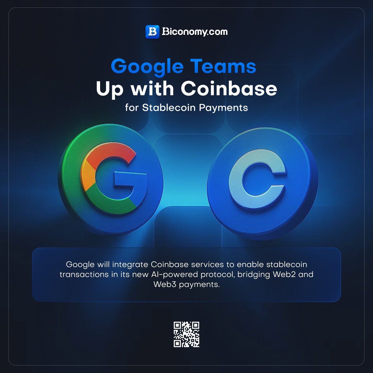 🚀 Big news!

Google teams up with Coinbase to enable stablecoin payments through its new AI-powered protocol.

#BiconomyCom #Web3 #Crypto #Coinbase #Google