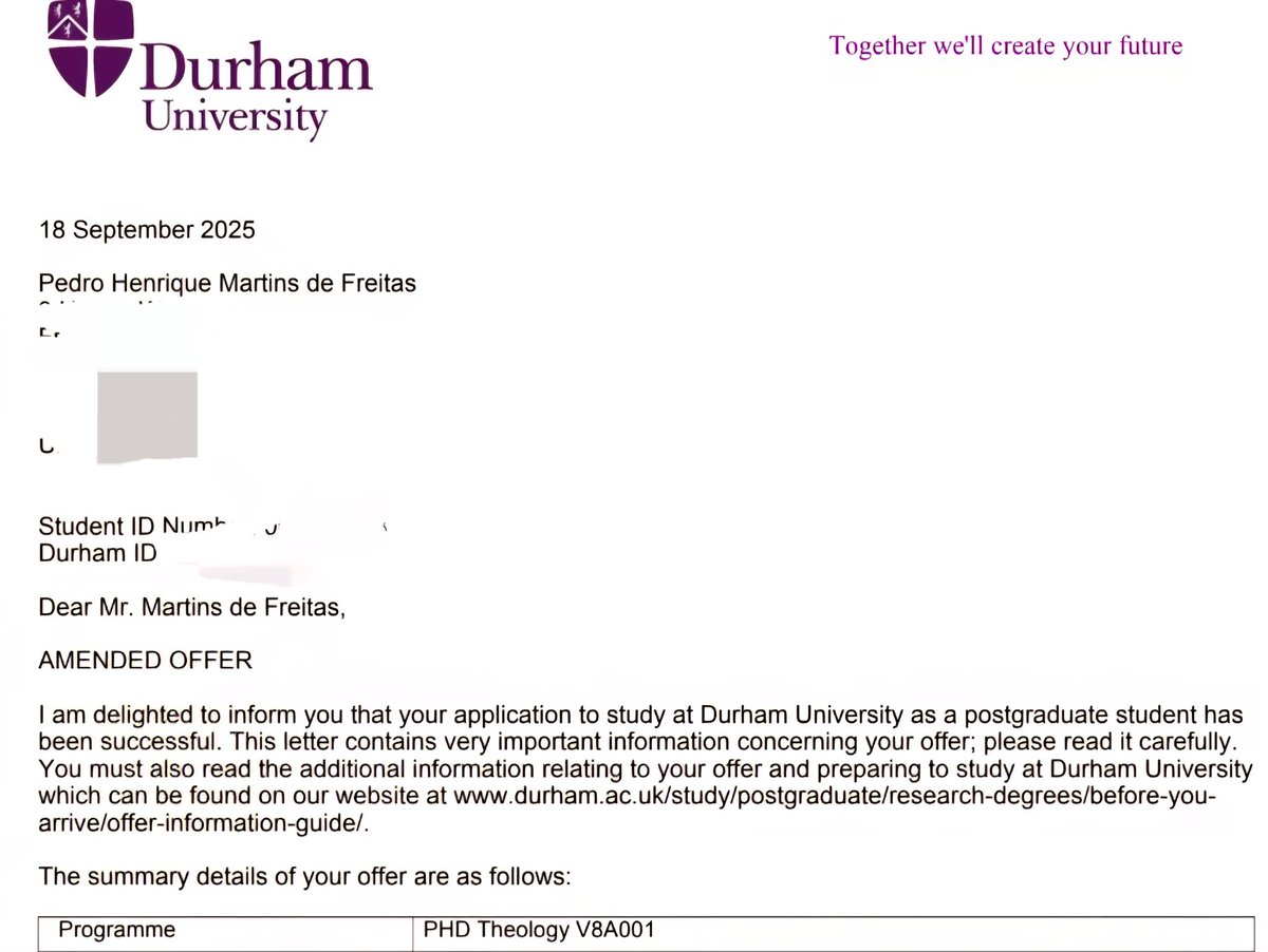 Agradeço a Deus por essa conquista!

Acabo de receber uma oferta incondicional para o programa de PhD em Teologia da Durham University. Começo o programa em menos de 15 dias. Ore por mim.