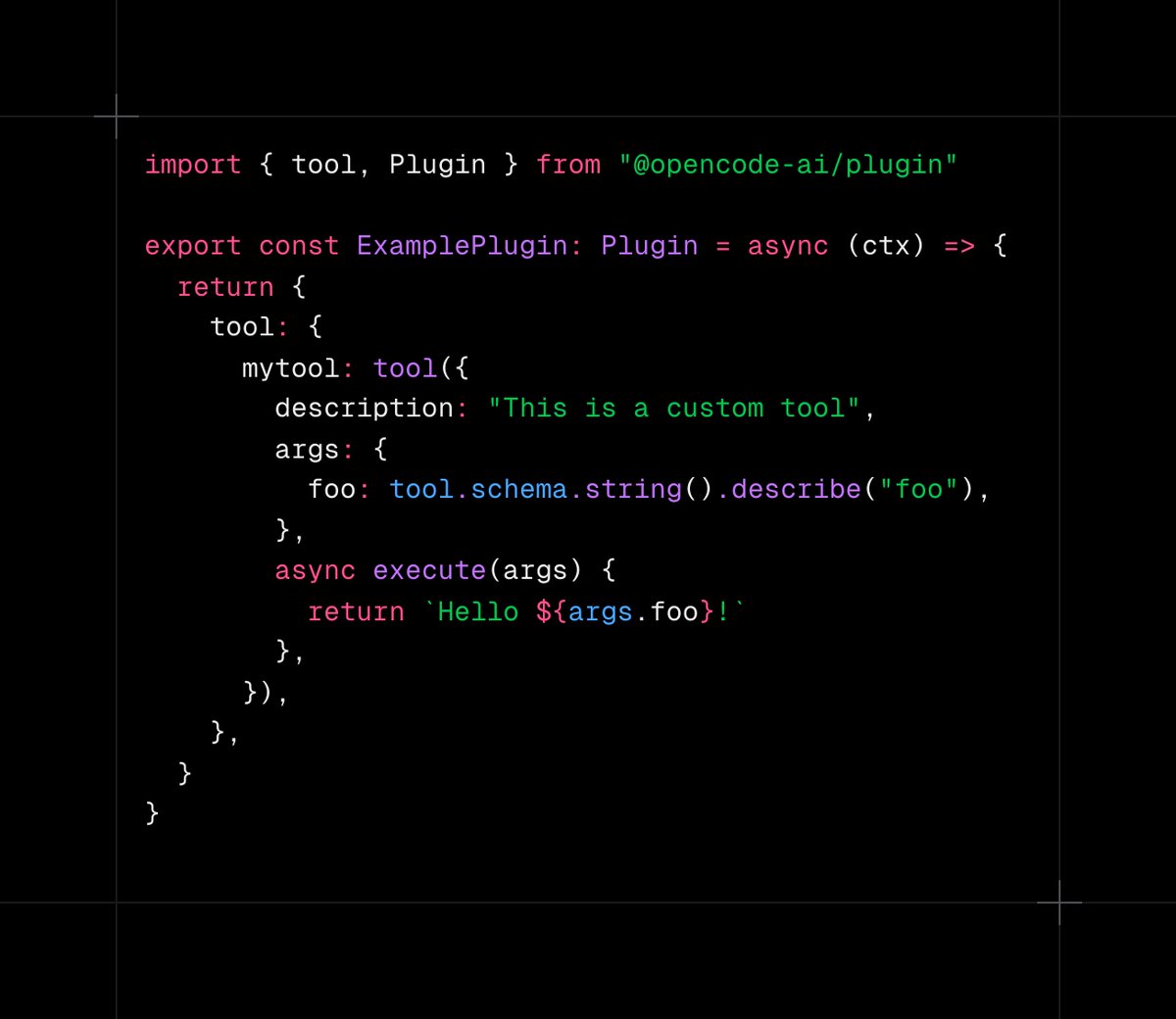 thdxr's tweet image. btw opencode plugins can also bundle custom tools by adding them to the `tool` field

you&apos;re just not going to get this level of dx anywhere else