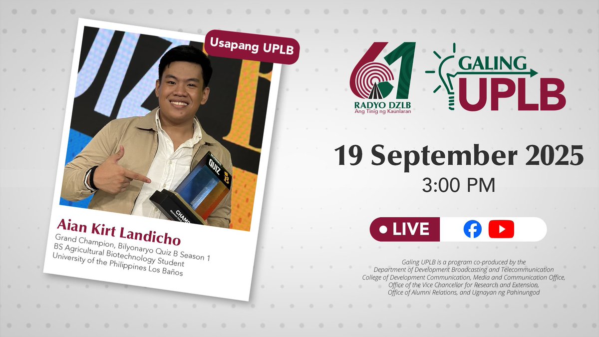 Ngayong Biyernes, klasmeyts...

Tatambay at makakakausap natin sa programa ang kauna-unahang Grand Champion ng Bilyonaryo Quiz Bee na  isa palang certified #TatakUPLB. 😄

Ito ang #GalingUPLB sa Radyo DZLB Ang Tinig ng Kaunlaran!

#UPLBWatch #RadyoDZLB