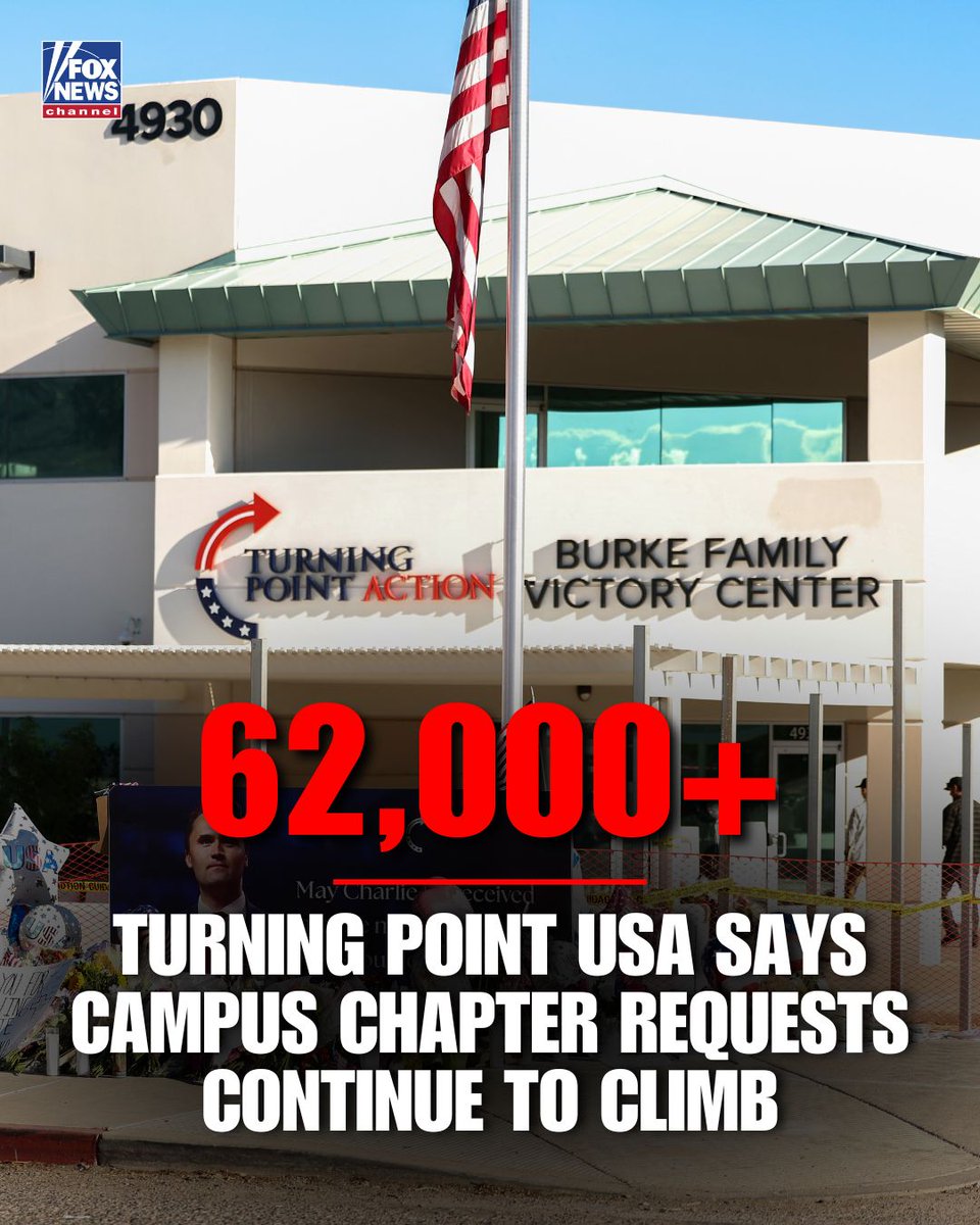 FoxNews's tweet image. 'JUST THE BEGINNING': Turning Point USA announced that it has received more than 62,000 requests from high school and college students who wish to start a chapter or become involved in an existing one in the aftermath of Charlie Kirk's assassination.