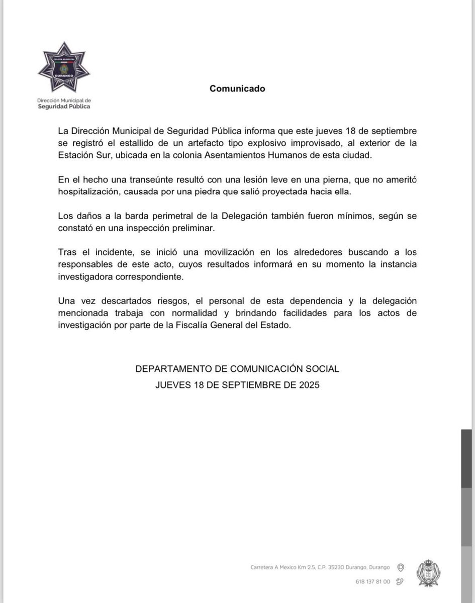 Sallvatoree's tweet image. #Durango | La #DMSP confirmó que una transeúnte resultó con una lesión leve en una pierna, tras la explosión provocada en la estación sur. #Noti12