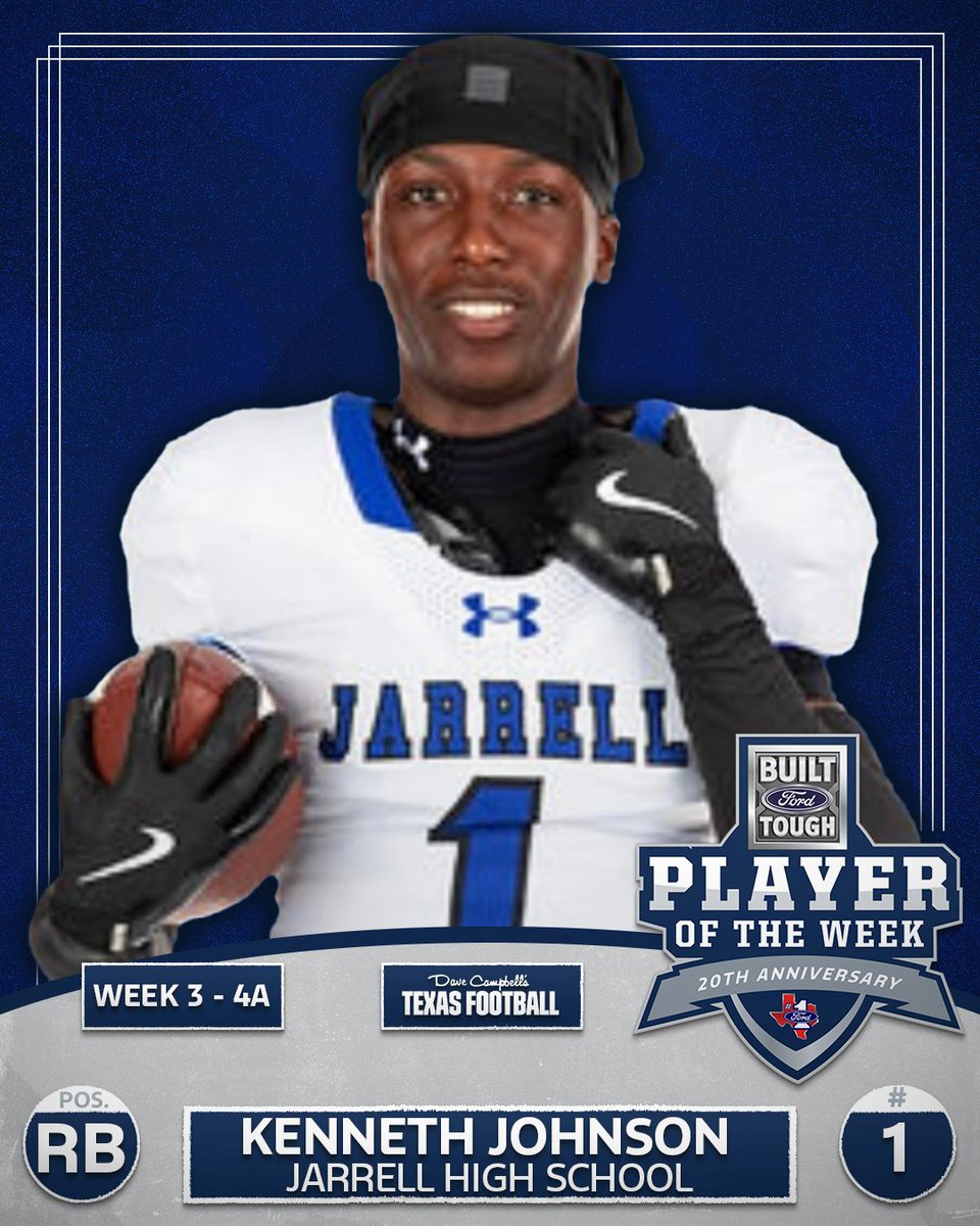 Here’s our Week 3 #BuiltFordTough Player of the Week spotlight:

🏈 Class 4A: <a href="/kwalkdown12/">Kenneth Johnson ‘26</a>, RB, <a href="/JarrellHS/">Jarrell High School</a>

With a school-record 391 rushing yards on 11 carries (35.5 yards per carry) and 5 TDs in a 64–35 win over Caldwell.

#STXFord #Ford #TXHSFB #POTW | <a href="/dctf/">Dave Campbell's — TexasFootball.com</a> <a href="/Jarrell_ISD/">Jarrell ISD</a>