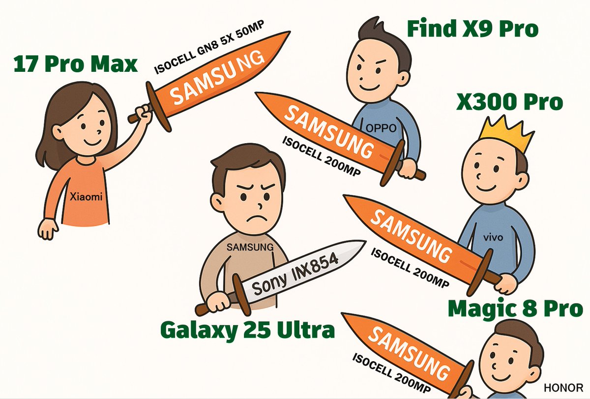 UniverseIce's tweet photo. This tweet is a must-read because it's absolutely hilarious:

The Samsung Galaxy S25 Ultra's telephoto capabilities (both hardware and software) can't compete with the upcoming Chinese Pro models (except for the Xiaomi 17 Pro). In this regard, the S25 Ultra is not very "Ultra" at all.

The upcoming Chinese Pro models are heavily adopting Samsung's 200MP sensors and the GN8 for their telephoto cameras. The funniest part? The Samsung S25 Ultra itself is using Sony's low-spec telephoto sensor, the IMX854. This is a story of Chinese brands using Samsung's own tech to beat Samsung—priceless!

Here’s the upcoming telephoto performance ranking: Galaxy S25 Ultra ≤ iPhone 17 Pro Max, Pixel 10 Pro XL < OPPO Find X9 Pro (Samsung HP5 200MP), vivo X300 Pro (Samsung HPB 200MP), Xiaomi 17 Pro Max (Samsung GN8 50MP), Magic 8 Pro (Samsung HP9 200MP).
Samsung’s camera division leader, aren’t you embarrassed reading this? How can you still sit in that seat with a straight face? Please step down immediately.