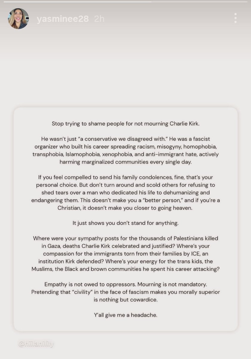 This is Private First Class Yasmine Davis. 

She posted this to her Instagram calling Charlie Kirk a fasc!st and r@cist.

They all need to be kicked out from our military! Dishonorable discharges!