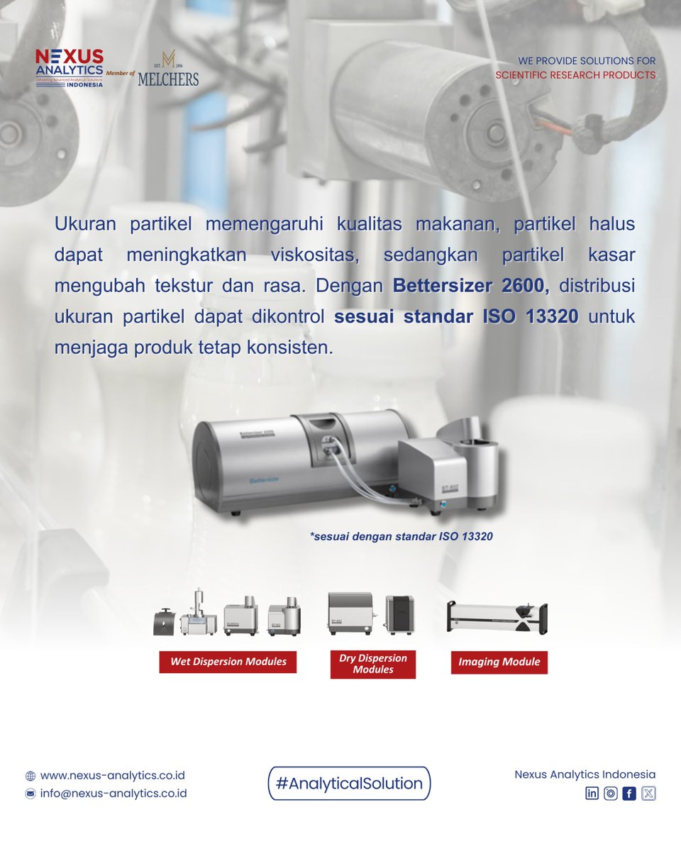 Pernah terpikir kalau tesktur dan rasa makanan bisa dipengaruhi oleh ukuran partikel? 🍫🥛🍦

Di sinilah Bettersizer 2600 berperan. Dengan analisis distribusi ukuran partikel yang akurat, kualitas produk dapat dijaga tetap stabil, konsisten dan sesuai standar industri.