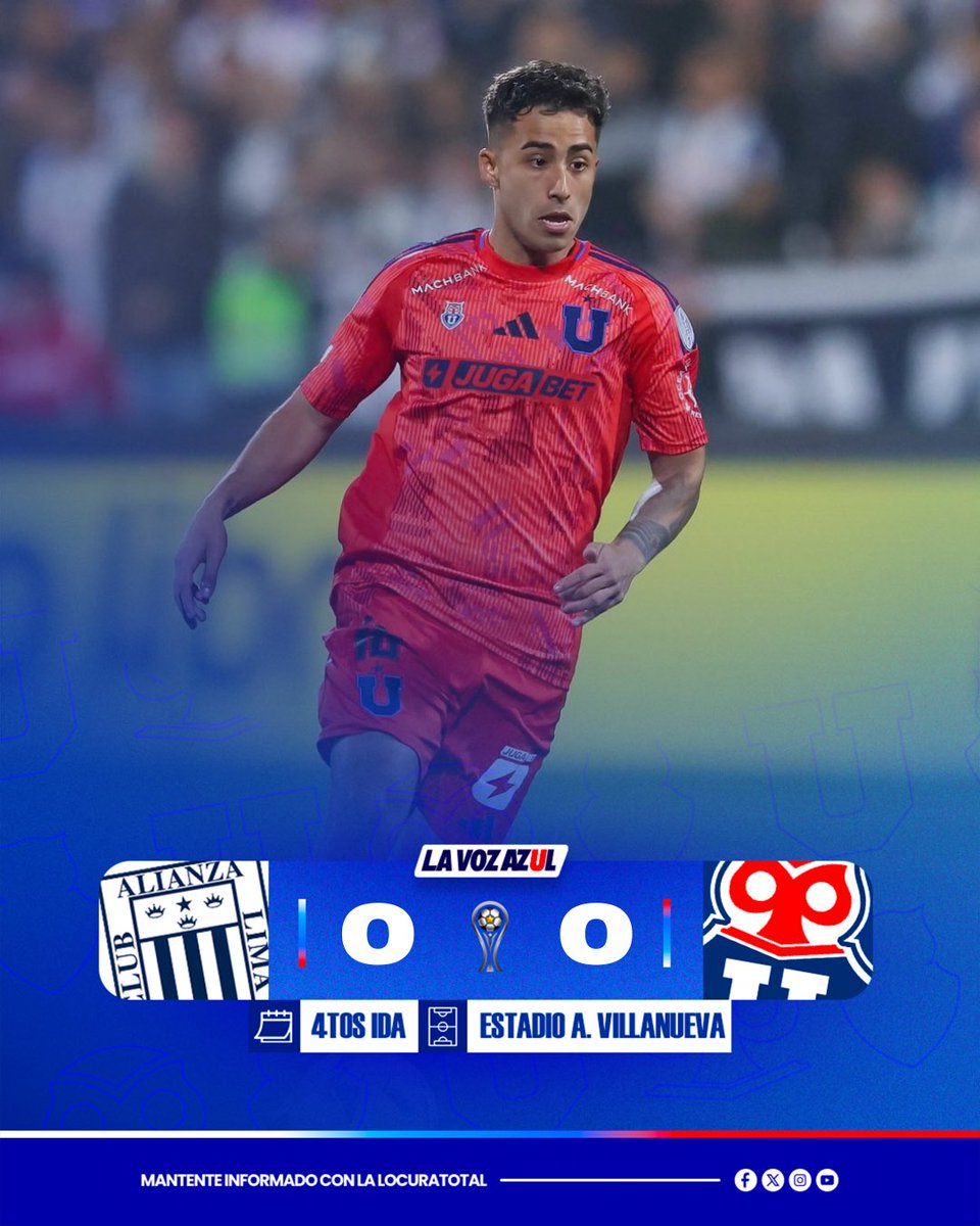 LaVozAzulLT's tweet photo. 90+5’ ¡FINAAAAL DEL PARTIDO!
Universidad de Chile no pudo llevarse la victoria en el Alejandro Villanueva ante Alianza Lima en Perú, por el partido de Ida de los cuartos de final en Copa Sudamericana.
🔵⚪️ 0-0 🔵🔴
Gracias por acompañarnos en el #ModoRadio de la #LocuraTotal.
#VAMOSLAU 🤘🏻