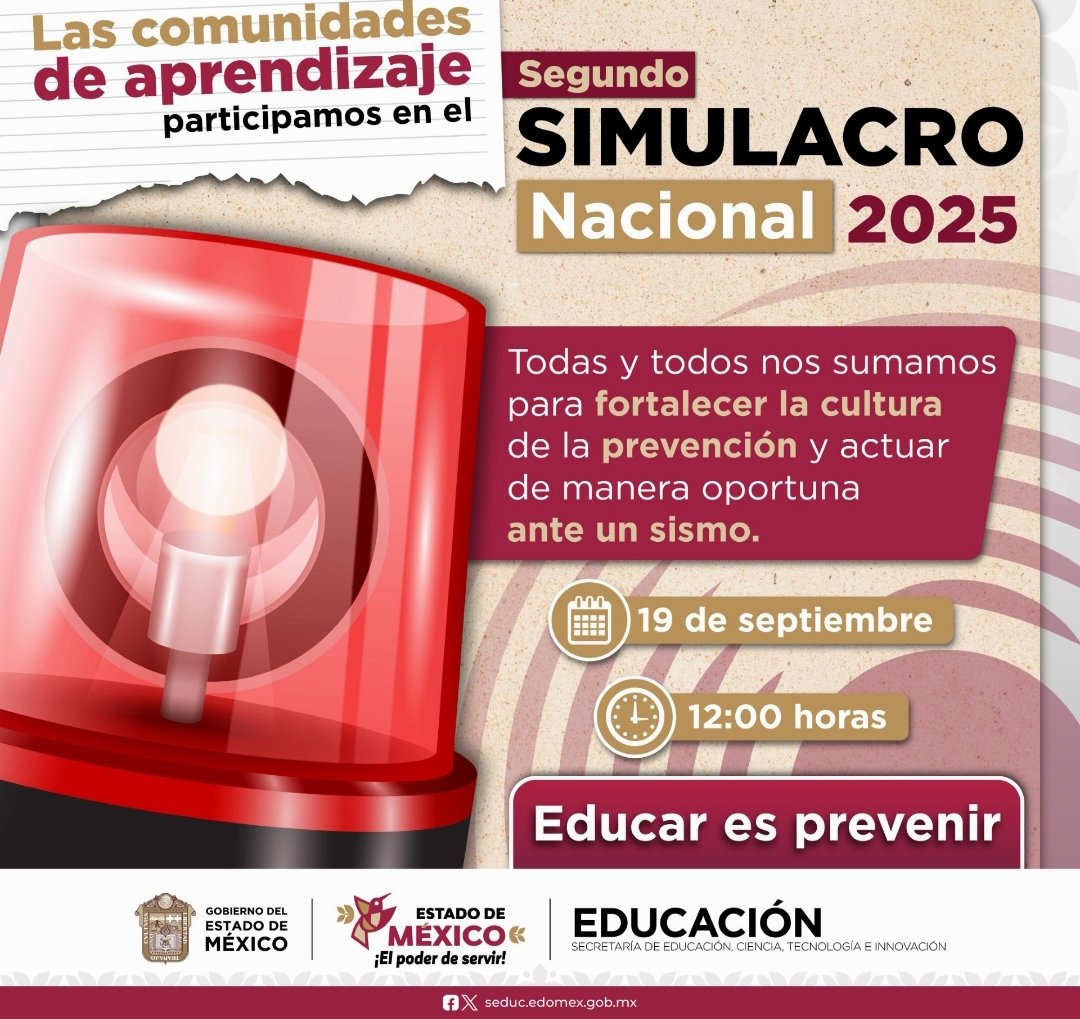 epo53's tweet photo. "2o. SIMULACRO NACIONAL 2025" este 19 de septiembre a las 12:00 hrs. (Horas del Centro)
@Edomex
@SeducEdoMex
@pciviledomex
@C5Edomex
@SEMSedomex
@DGEMSedomex
@dbg_epoem https://t.co/ezPi6NSKWz
