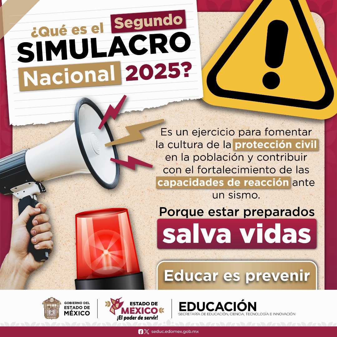 epo53's tweet photo. "2o. SIMULACRO NACIONAL 2025" este 19 de septiembre a las 12:00 hrs. (Horas del Centro)
@Edomex
@SeducEdoMex
@pciviledomex
@C5Edomex
@SEMSedomex
@DGEMSedomex
@dbg_epoem https://t.co/ezPi6NSKWz