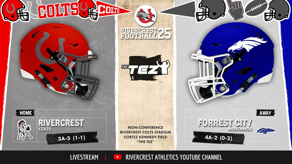 Friday night lights return as Rivercrest (1-1) hosts the 4A Forrest City Mustangs (0-2) in the home opener at The TEZ. Two teams, one Friday night—who will take the momentum into conference play?

🎥 Livestream: youtube.com/@rivercrestath…