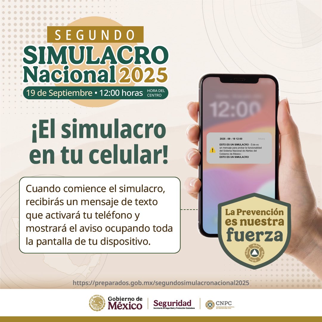_Ulisespina's tweet photo. ¡No te alarmes! Durante el #SegundoSimulacroNacional2025, podrás recibir un mensaje de texto y sonoro con el que daremos aviso del #Simulacro 

Conoce más en: https//goo.su/KO1MEx

#LaPrevencionEsNuestraFuerza
#195DiaNacionalPC https://t.co/tWlAH1lPKe