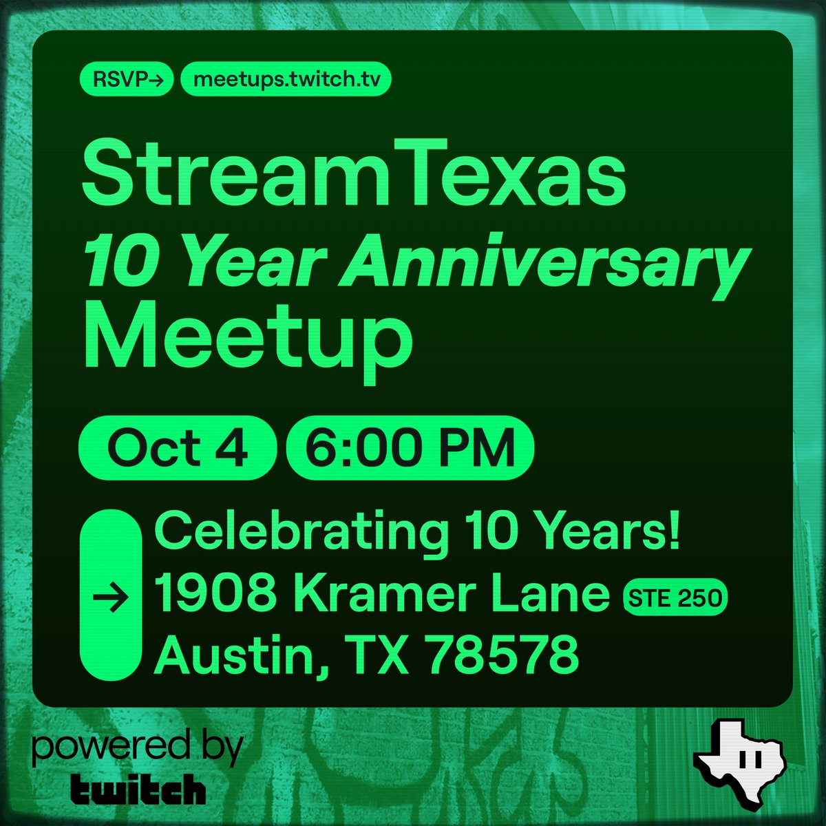 We're celebrating 10 Years of bringing Texas creators together! 

Whether you've been with us since day 1 or this is your first Stream Texas meetup, we welcome streamers of all kinds to come &amp; hang with us for an evening of what we do best! 

RSVP here: tinyurl.com/STX10YR