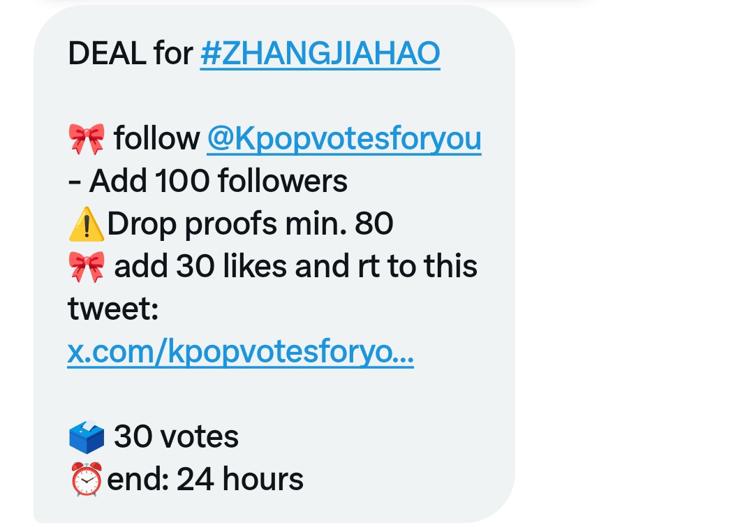 faa_faraway's tweet photo. DEAL for #ZHANGJIAHAO 

🎀 follow @Kpopvotesforyou
- Add 100 followers 
⚠️Drop proofs min. 80  
🎀 add 30 likes and rt to this tweet: 
https://t.co/51idFS8SCT

🗳️ 30 votes  
⏰end: 24 hours https://t.co/mZz8cLTBK8