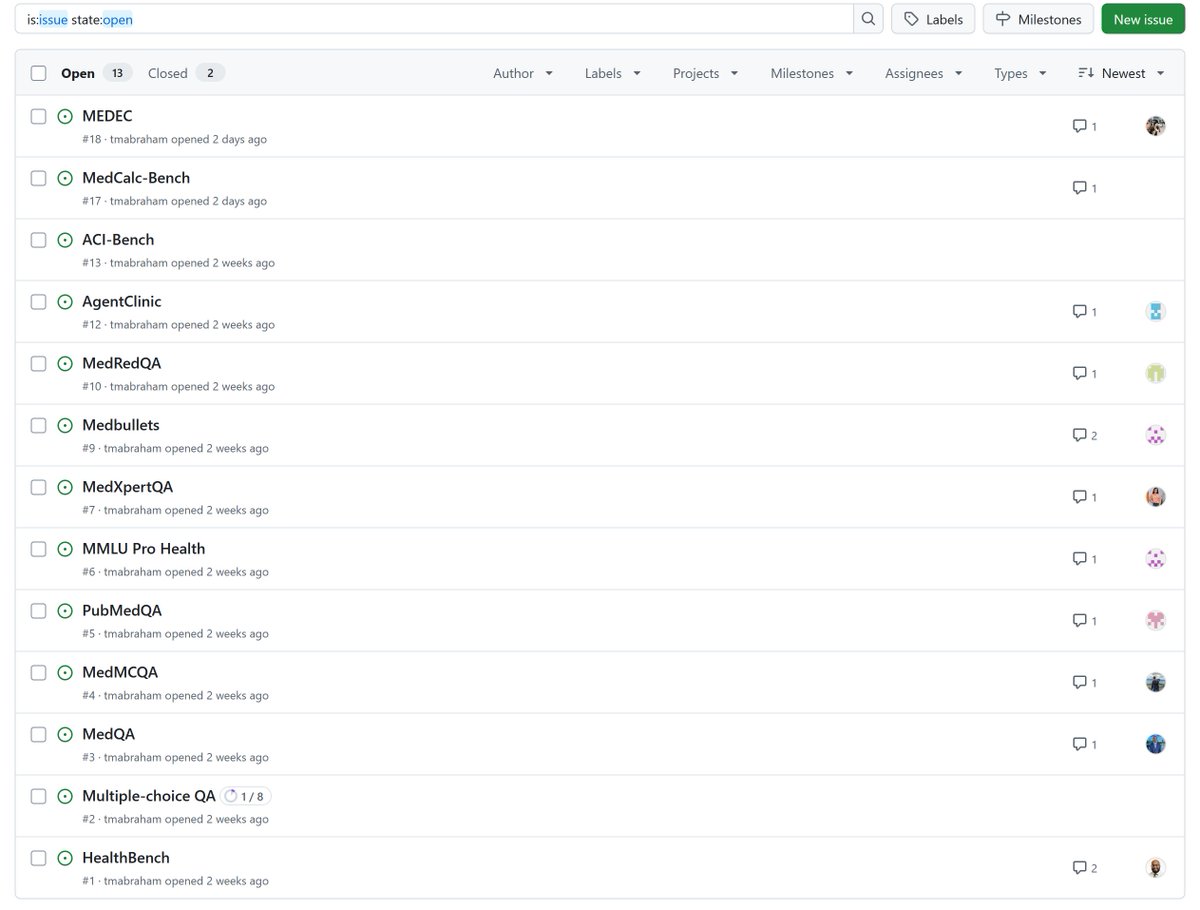 Tanishq Mathew Abraham, Ph.D. (@iscienceluvr) on Twitter photo At <a href="/MedARC_AI/">MedARC</a> we are building a comprehensive suite of medical LLM evals, and we already have tons of volunteers and lots of great progress!
The project started less than a week ago!
Are there other medical LLM evals we should include? At <a href="/MedARC_AI/">MedARC</a> we are building a comprehensive suite of medical LLM evals, and we already have tons of volunteers and lots of great progress!
The project started less than a week ago!
Are there other medical LLM evals we should include?