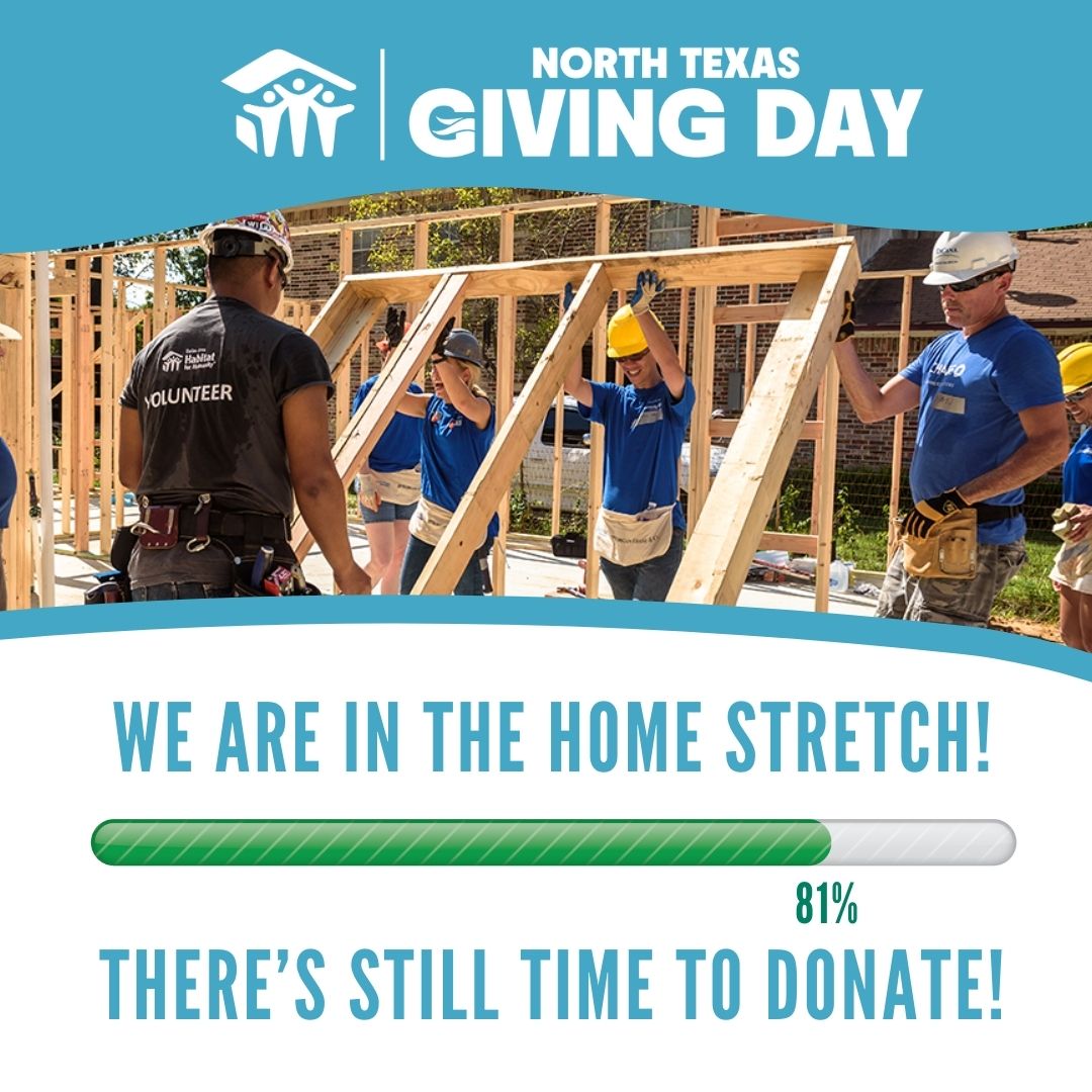 The hammers are still swinging at 10 PM! We’re 81% to goal. Every gift builds opportunity for Dallas families. Help us reach 100% by midnight: northtexasgivingday.org/organization/d…