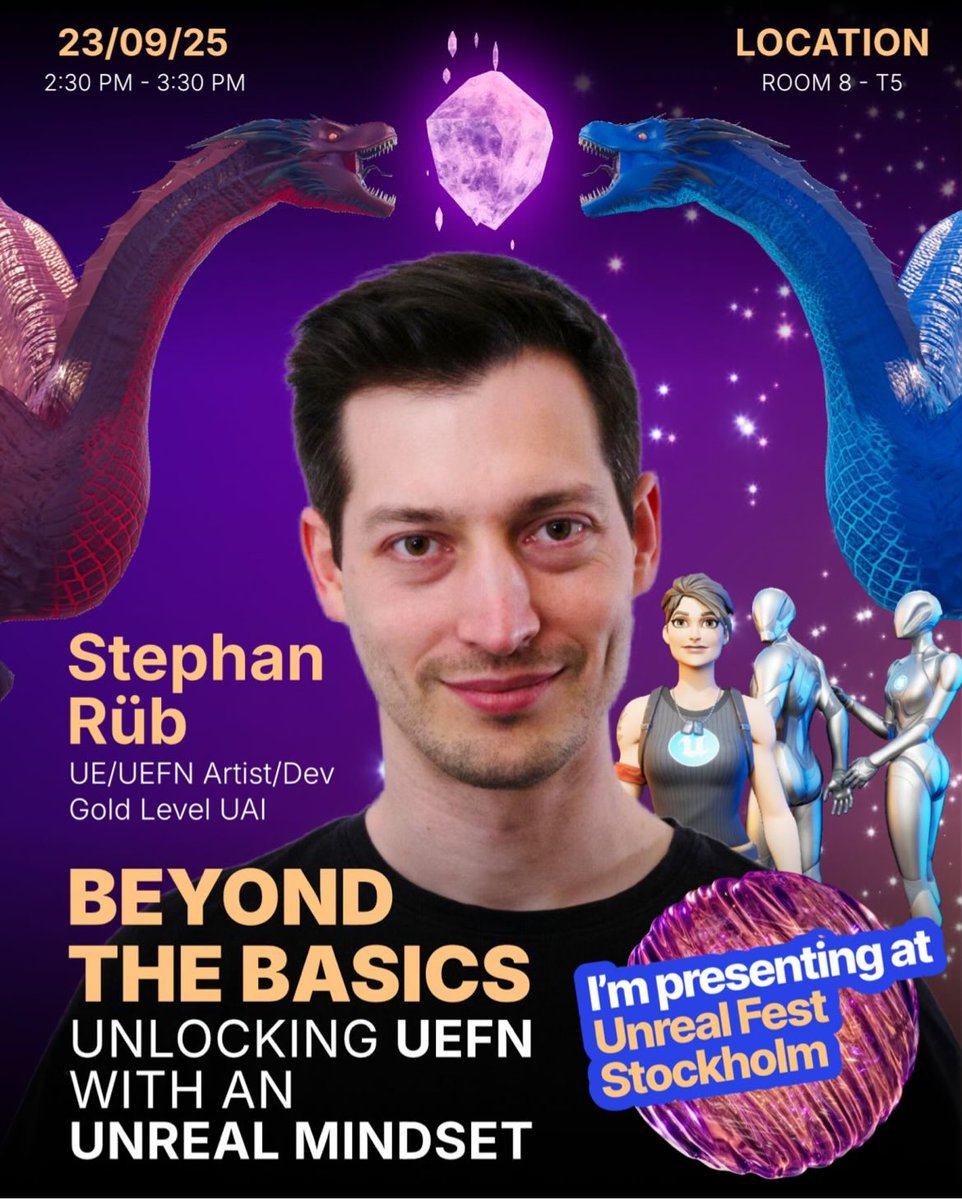 Stephan Rüb (@stephanrueb) on Twitter photo IT‘S HAPPENING - I CAN‘T BELIEVE IT! 🎉
My Unreal Fest talk is coming up - and I'd like to invite you. 😊
I talk about how Unreal skills transfer to UEFN and how you can improve your workflow efficiency based on that. 
📍 Room 8 - T5
📅 Tuesday, Sept. 23 | 2:30 PM - 3:30 PM IT‘S HAPPENING - I CAN‘T BELIEVE IT! 🎉
My Unreal Fest talk is coming up - and I'd like to invite you. 😊
I talk about how Unreal skills transfer to UEFN and how you can improve your workflow efficiency based on that. 
📍 Room 8 - T5
📅 Tuesday, Sept. 23 | 2:30 PM - 3:30 PM