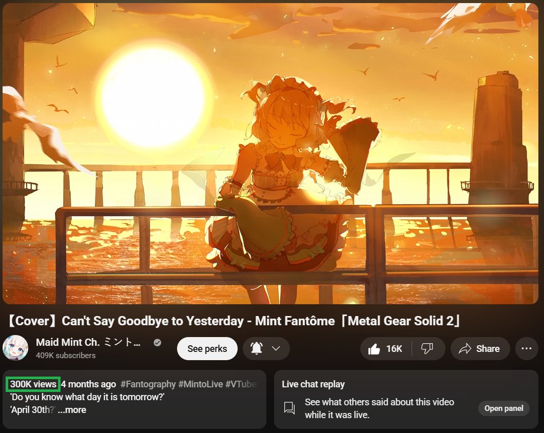 Do you remember what day it was yesterday? It was the day that <a href="/MintFantome/">Mint Fantôme👻✨ミント・ファントーム @ #Densetsuexe</a>'s stunning cover of Can't Say Goodbye to Yesterday surpassed 300k views! Incredibly, it was her second cover to reach this milestone within an hour! Super proud of our ghost maid and her success! 👏🫡🐍💚