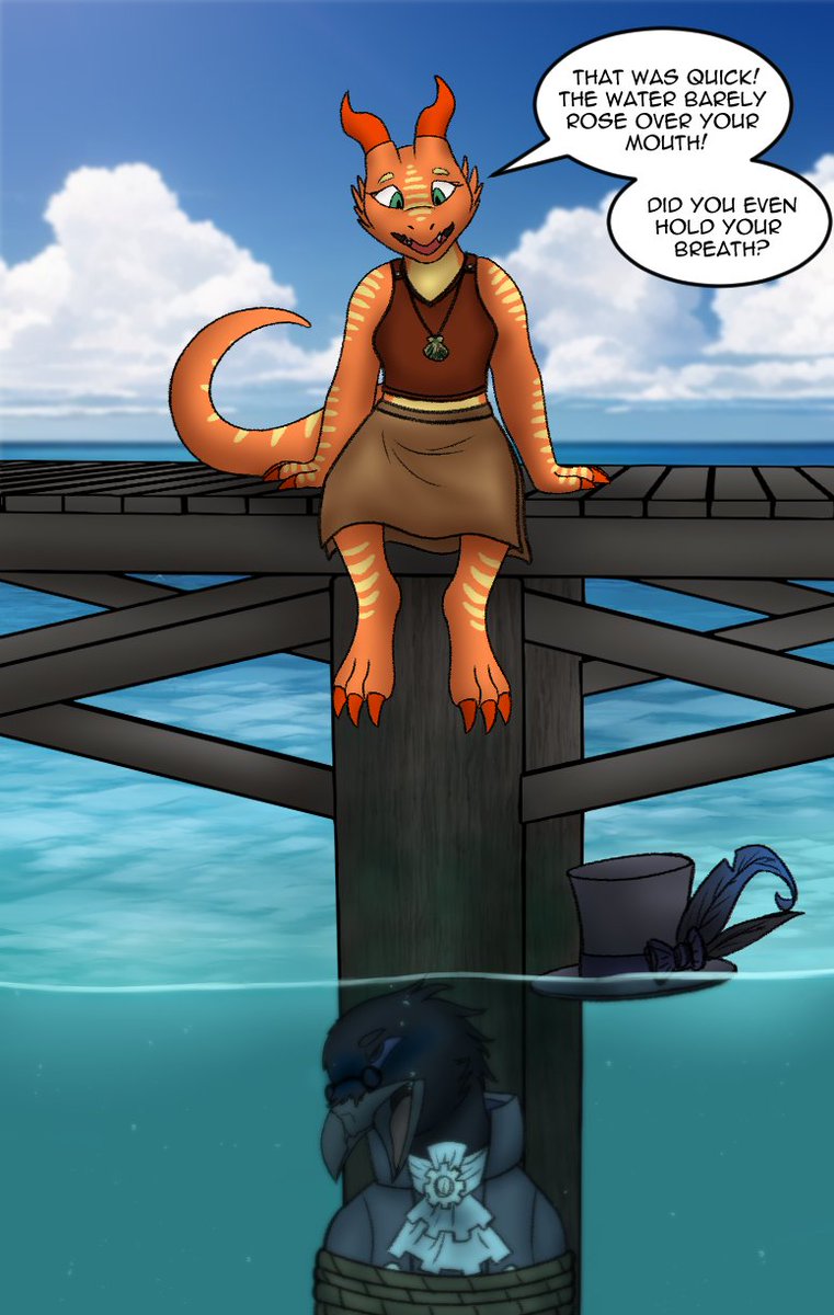 Sinktember 2025 Day 17 - Tide #sinktember #Sinktember2025 

Marlowe catches another victim, tying them to a dock beam and awaiting for the timely rise of the ocean to do the job for her while she watches on.