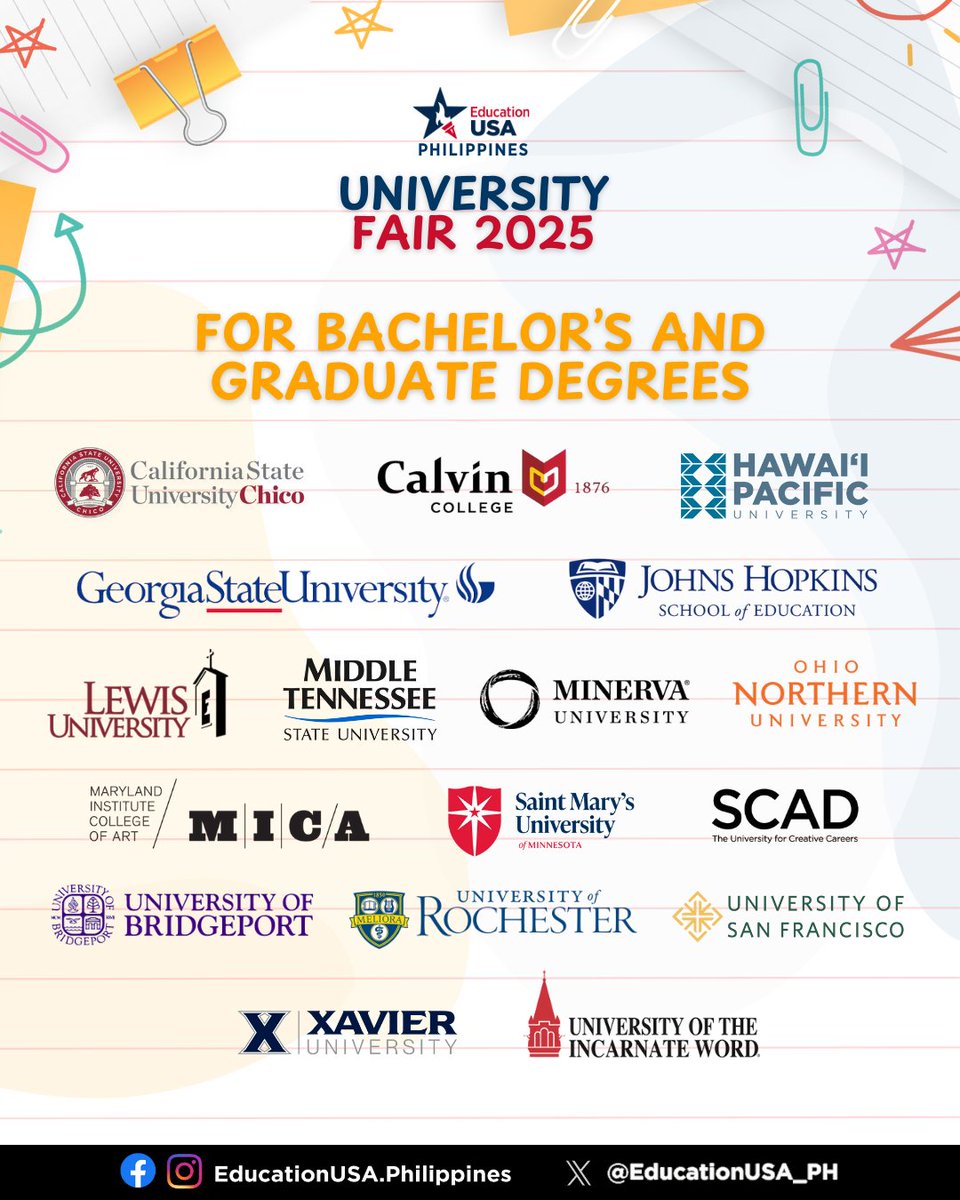 USEmbassyPH's tweet image. 🎓🌎 Ready to #StudyWithUS? Join the EducationUSA University Fair 2025 on Sunday, Sept. 28, 2–5 PM at One Ayala! Meet reps from over 30 universities &amp;amp; organizations to explore programs, scholarships, and admissions tips.

📲 Register now: educationusa.ph/Fair2025