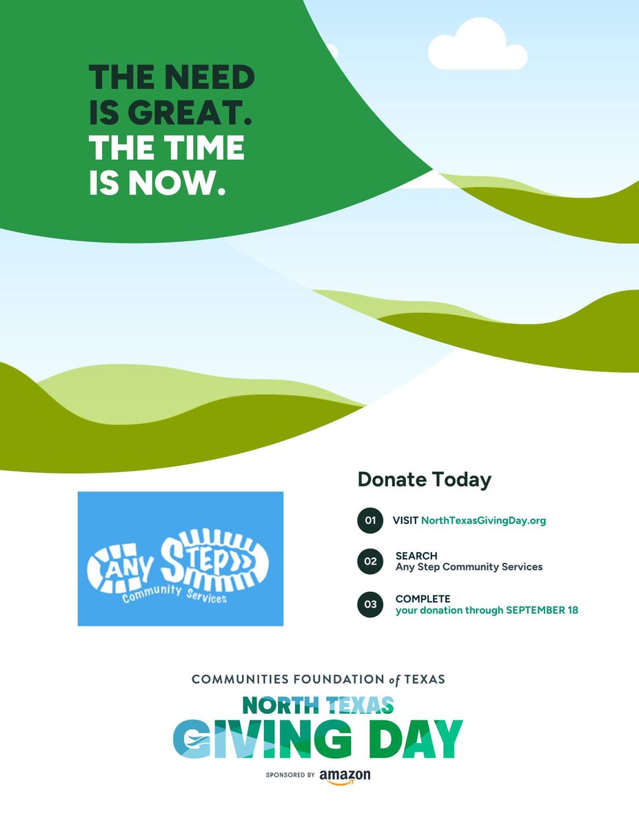 AnyStepCommunit's tweet image. ⏰ We’re nearing the close of #NTxGivingDay! Your generosity has been inspiring. It&apos;s not too late. Every gift—big or small—pushes us closer to our goal. Don’t wait, give now: 
northtexasgivingday.org/organization/1…