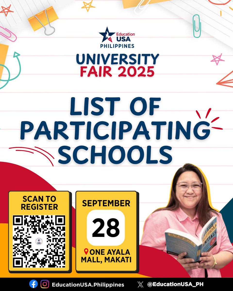 USEmbassyPH's tweet image. 🎓🌎 Ready to #StudyWithUS? Join the EducationUSA University Fair 2025 on Sunday, Sept. 28, 2–5 PM at One Ayala! Meet reps from over 30 universities &amp;amp; organizations to explore programs, scholarships, and admissions tips.

📲 Register now: educationusa.ph/Fair2025