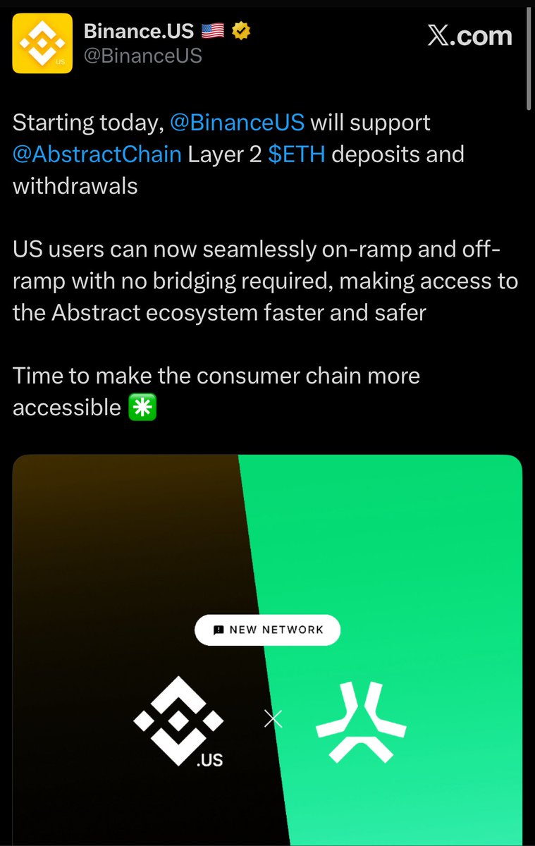Big win for <a href="/AbstractChain/">Abstract</a> ✳️

With Binance support, does this open the doors to listings too? 👀