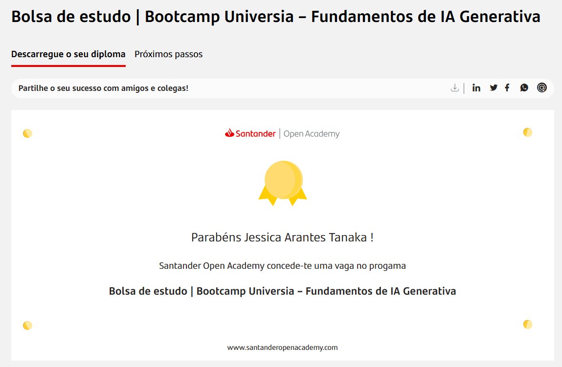 jessytech23's tweet image. 🎉 Conquista na conta!
Ganhei bolsa pro Bootcamp Universia – Fundamentos de IA Generativa do Santander Open Academy.
🚀 Partiu mergulhar no mundo da #IA e brincar com inteligência artificial! 🤖✨

#SantanderOpenAcademy #Bootcamp #Tecnologia #Aprendizado