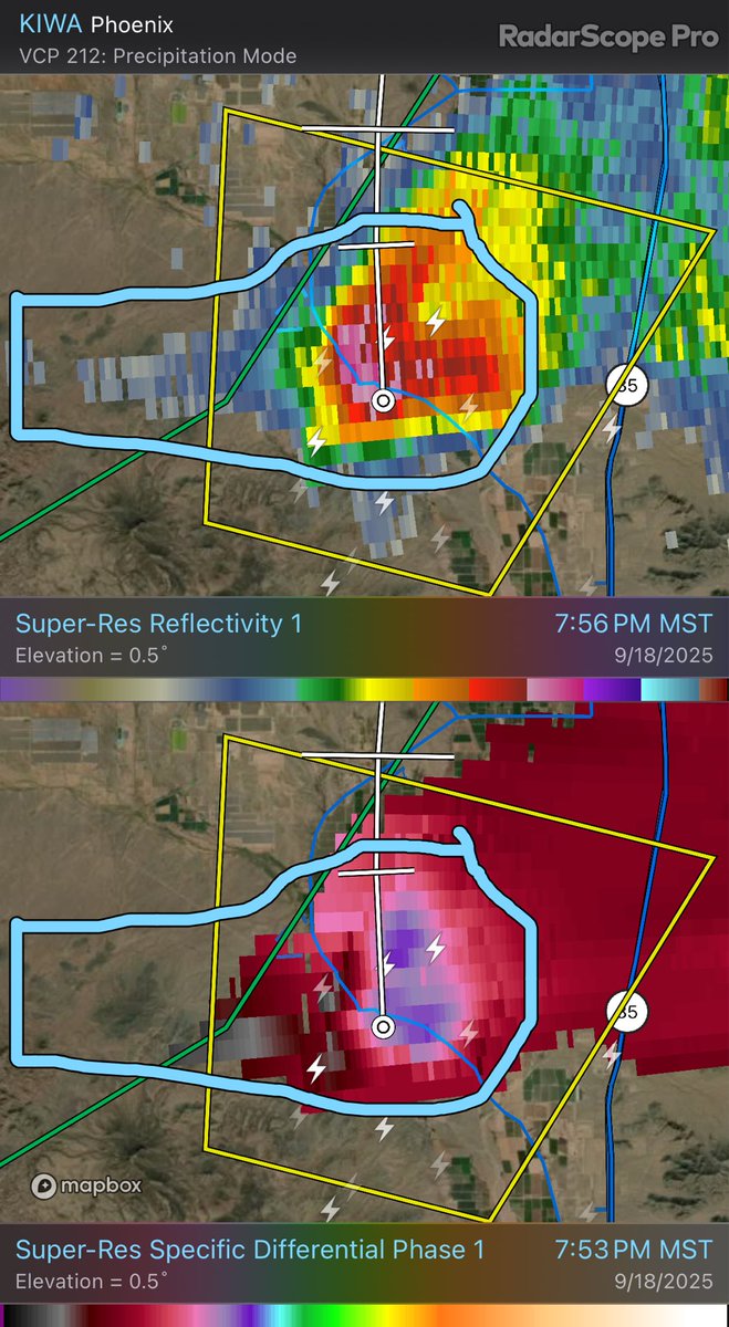 Likely some big hail falling under this! KIWA - Super-Res Reflectivity 1 7:56 PM Super-Res Specific Differential Phase 1 7:53 PM #azwx