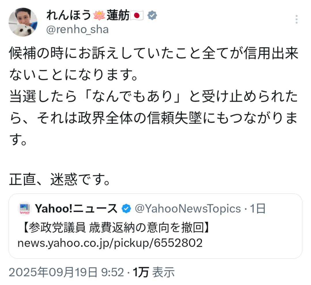蓮舫さん、ものすごいブーメランになってますよ。「都知事になりたい」と都知事選出馬したが惨敗、国政引退を表明した翌年参議院選挙に出馬、その時公選法違反もしています。当選したら「なんでもあり」と受け止められたらそれは政界全体の信頼失墜にもつながります。正直迷惑なので早く辞職して下さい