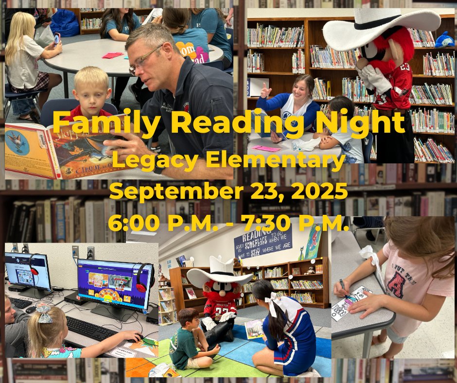 LegacyFISD's tweet photo. You are invited to Family Reading Night at Legacy Elementary School
on September 23, 2025.
Time: 6:00-7:30pm
We can't wait to see you there. There will be lots of activities and ideas on how you can support your students and reading at home. https://t.co/fGH0gz453R