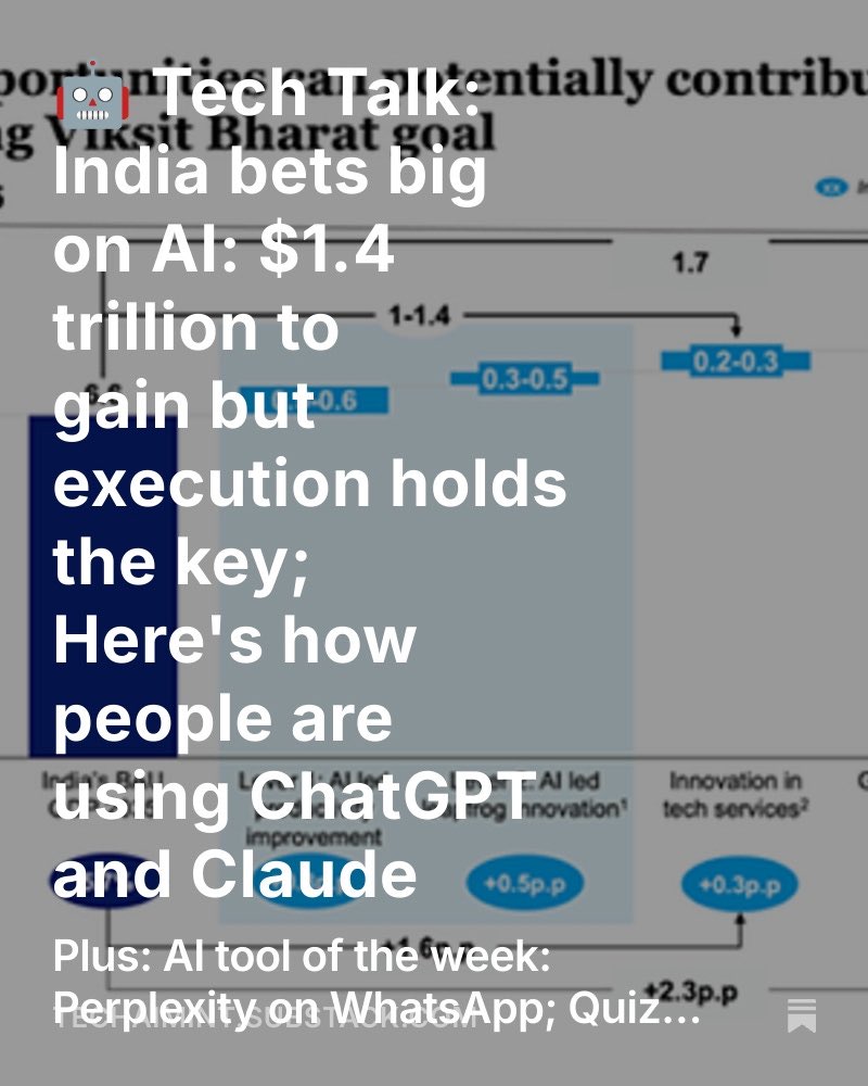 In today's edition of Tech Talk, <a href="/ldmonte/">Leslie D'Monte</a> writes about:

🤖 India bets $1.4T on AI by 2035
📊 ChatGPT hits 700M weekly users
💬 Claude grows in coding &amp; science
📱 Perplexity now on WhatsApp
🎮 Quiz: AP2 = Google’s AI payments protocol  

And more!

Read and subscribe here: