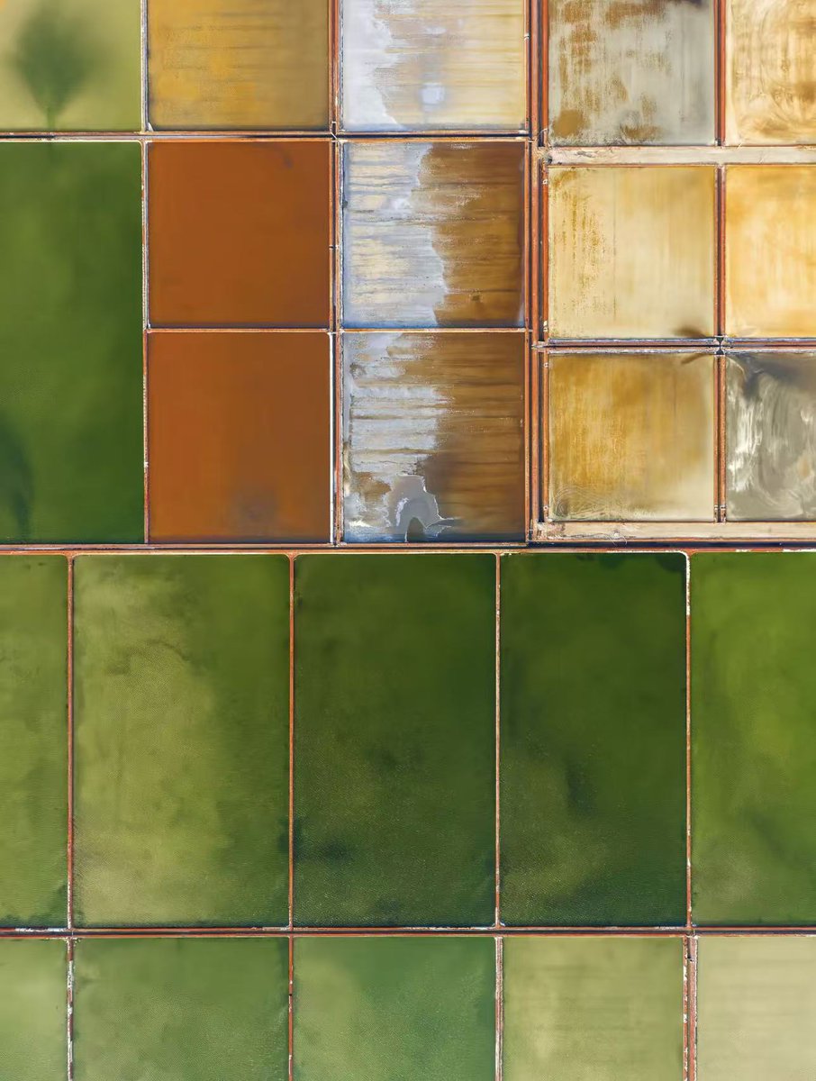 Jiascinating's tweet image. An aerial view reveals the salt ponds as a striking geometric pattern of vibrant colors.🌈✨

📸@几奥 

#AerialView #DroneShot #SaltPonds #VibrantColors