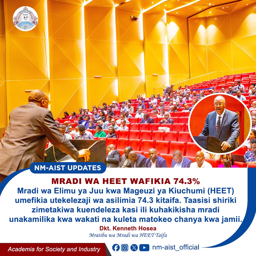 NM_AIST's tweet photo. Mradi wa Elimu ya Juu kwa Mageuzi ya Kiuchumi (HEET) umefikia 74.4% ya utekelezaji kitaifa.
Taasisi shiriki zimetakiwa kuongeza kasi ili mradi ukamilike kwa wakati na kuleta matokeo chanya kwa jamii.
#HEET #Elimu #Tanzania https://t.co/iyY1KuHNDZ