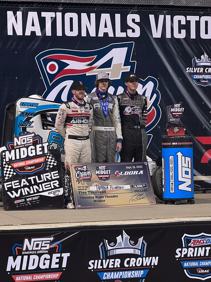 EldoraSpeedway's tweet photo. Hayden Reinbold wins Thursday’s @USACNation Midget Car Series Feature 🏁

🥈Kevin Thomas, Jr.
🥉Jakeb Boxell

#4Crown https://t.co/Q3ZDI5xrgU