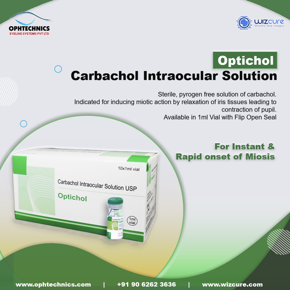 Ophtechnics's tweet photo. Optichol – Carbachol Intraocular Solution USP For instant &amp; rapid onset of miosis during ophthalmic procedures. ✔ Sterile &amp; pyrogen-free ✔ Available in 1ml vials with flip-open seal ✔ Ensures reliable pupil contraction through iris tissue relaxation https://t.co/a0joZKF3Yi