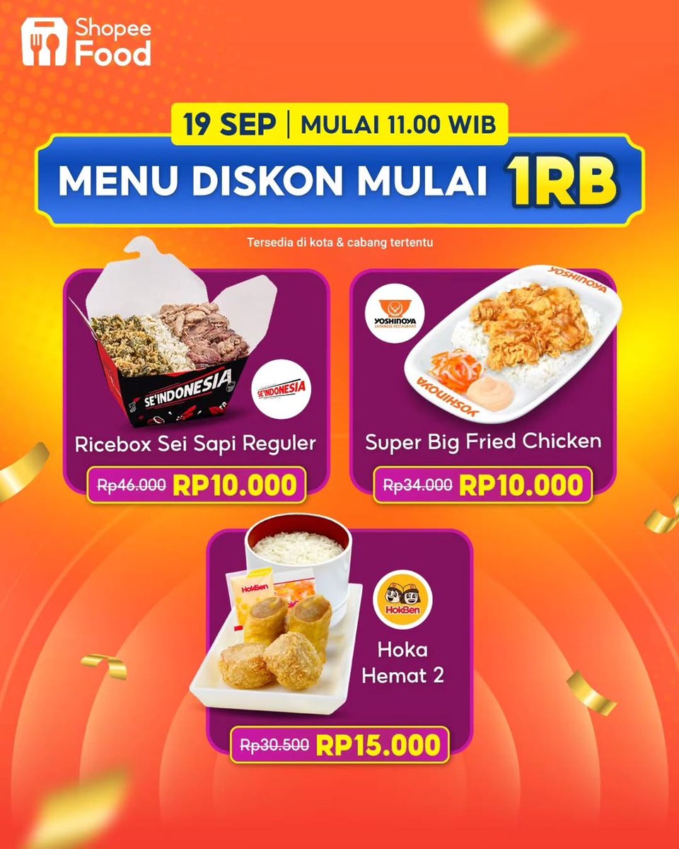 Promo ShopeeFood Day
🗓️ 19 September 2025
Solaria Express Bowl Ayam Mentega Rp1
⏰ Bisa dibeli mulai jam 11:00

Cek semua promonya di sini:
spf.shopee.co.id/9fBXaCoYTS
