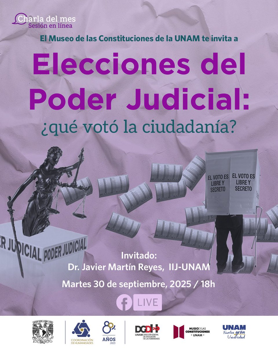 MConstituciones's tweet image. El Poder Judicial es uno de los tres Poderes de la Unión, ¿cómo se ha organizado después de la elección de varios de sus integrantes? 🗳🤔
Conversaremos con el Dr. Javier Martín Reyes, investigador del @IIJUNAM, sobre las #EleccionesPoderJudicial, ¡acompáñanos en la…