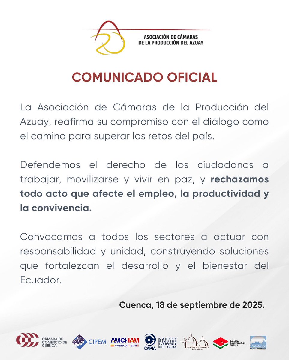 cccuenca's tweet image. Reafirmamos nuestro compromiso con el diálogo y el respeto a la paz, el empleo y la productividad del país 🤝