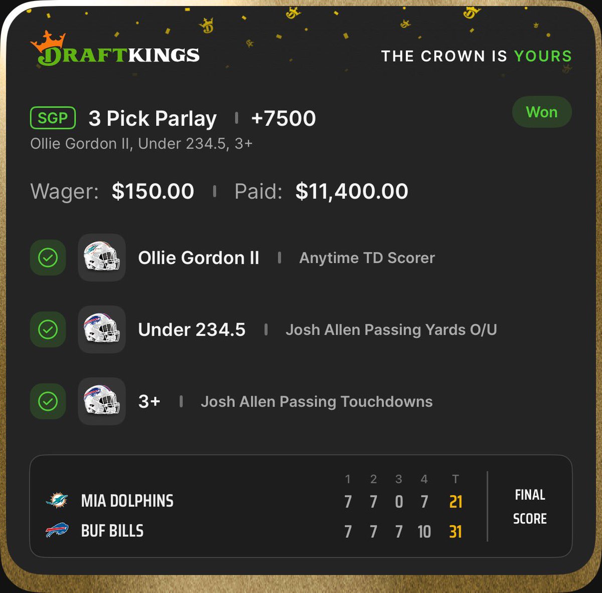 ELEVEN. THOUSAND. DOLLARS. 🤯

NFL Primetime Blitzer strikes again 😈 ⚡️ 

$150 giveaway winner will be announced tomorrow afternoon! I post all my plays HERE 👉 sharpduel.com/blitzersports/…