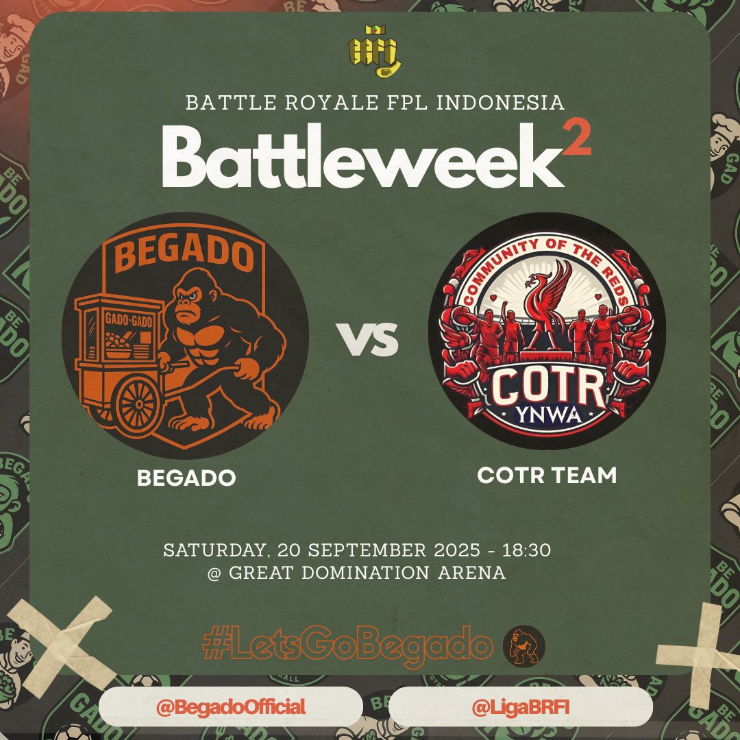 The Great Domination Arena is set to host our official first home match of the season!
<a href="/COTR_Team/">COTR</a> will come and pay a visit.

#LetsGoBegado
#BGDCTR
<a href="/LigaBRFI/">Battle Royale FPL Indonesia</a>