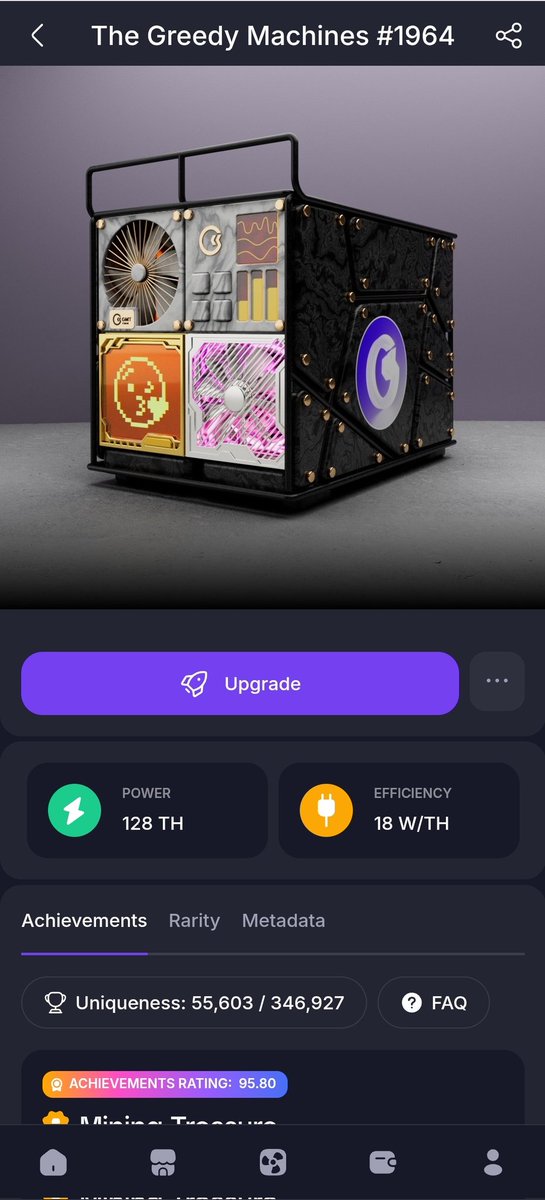 noeffortmining's tweet photo. Here is an update on my Greedy Machine: I upgraded its TH to 128 from 71 (to lower the upgrade cost a little) and dropped its watt from 20 to 18 w/TH! I will lower the w/TH once I can generate enough daily reward to cover the extra costs per TH. (A lower watt machine costs more to upgrade one TH. A 20 w/TH machine costs $26.99 for one TH at level one, while a 15 w/TH machine costs $32.99 per TH.) Focusing on the efficiency of the machines now will ensure that my machines will be more self-sustainable once I start scaling them to higher terahashes. #bitcoin #cloudmining