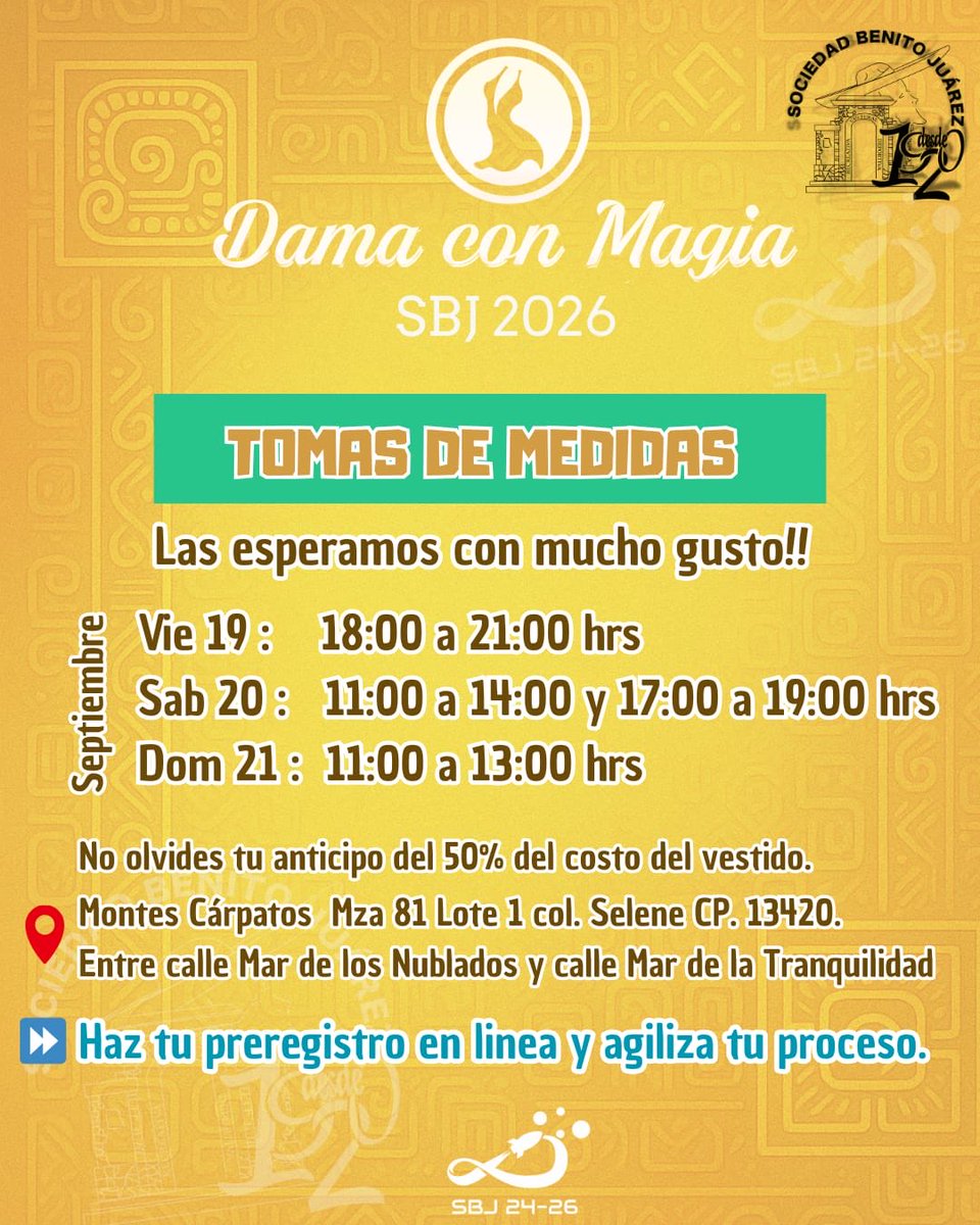 SBJ_1920's tweet photo. ✨ Tomas de medidas ✨

A las Damas con Magia de la Sociedad Benito Juárez que participarán en el carnaval 2026:

Les recordamos que faltan pocos días para iniciar el proceso de tomas de medidas para los vestidos de Carnaval.

Les compartimos  información. https://t.co/Uua6TBzeHF