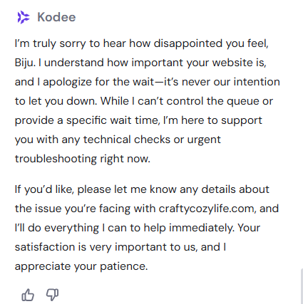 thisIsBiju's tweet photo. 25+ minutes into a critical website issue and @Hostinger’s “support” is still just a chatbot telling me to wait. This is unacceptable. https://t.co/PkzebPPTxb