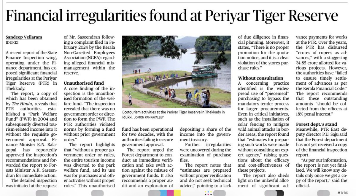 A day after The Hindu carried an exclusive report on the financial irregularities at Periyar Tiger Reserve, highlighted in a recent report by the Financial Inspection Wing, several news channels are running it as their own exclusive. Report by <a href="/sandeepvellaram/">Sandeep Vellaram</a> in TH dated Sept 18