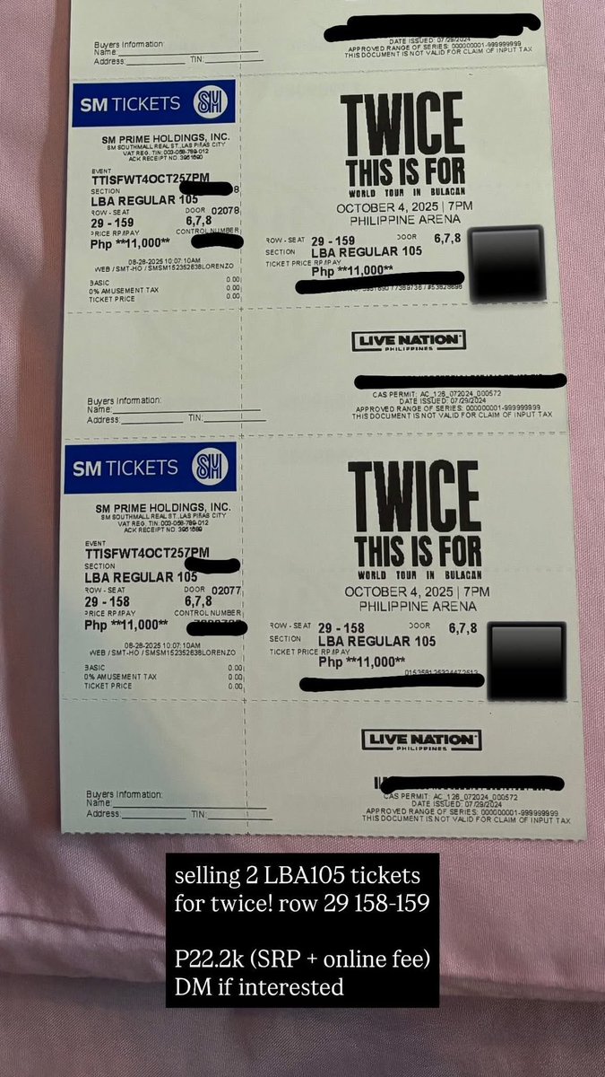 celinetco's tweet photo. selling for a friend
WTS LFB ph

Selling 2 LBA 105 tickets for TWICE THIS IS FOR BULACAN
Row 29 158-159

P22.2K (SRP + online fee)

Can do meetups in Alabang, BGC, Makati, or QC

DM if interested! https://t.co/xis9Dpbx60