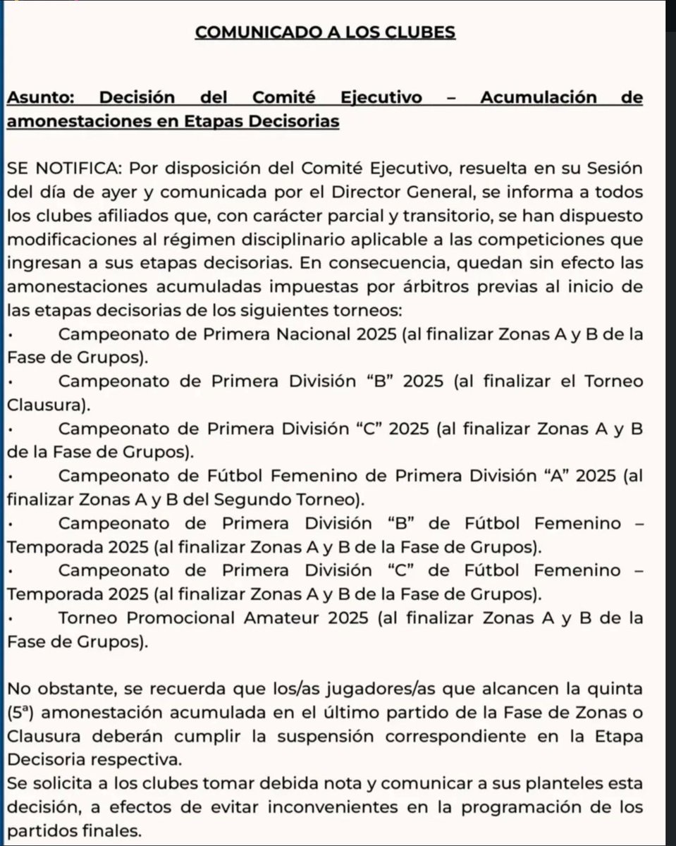 🟨 TARJETAS AMARILLAS DURANTE EL REDUCIDO 

Segundo informó el organismo dirigido a los clubes,las amonestaciones acumuladas por los jugadores hasta el cierre de la fase regular no tendran validez en la etapa del reducido.