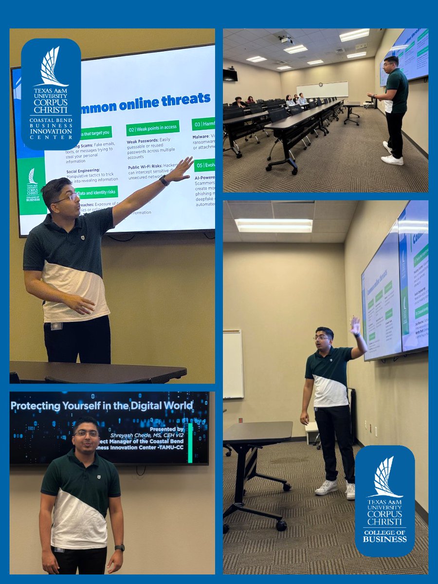 Our very own Project Manager, Shreyash Chede, was on campus at Del Mar College this month sharing crucial insights from his "Cybersecurity Made Simple" presentation. 
By linking TAMU-CC resources with our partners, we're building a stronger ecosystem. Shakas Up for knowledge! 🤙