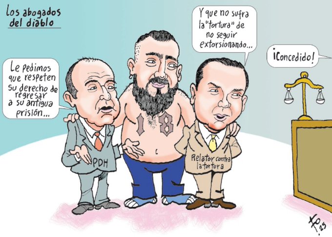 Three men in a courtroom setting, depicted as caricatures. One man, shirtless with a beard and tattoos, stands between two suited men. A judge\'s bench with a scale is visible. Text overlays include "los abogados del diablo," "Le pedimos que regrese a su antigua... prision...," "la \'fortuna\' de no seguir extorsionando...," and "Â¡Concedido!" A watermark "Kro" is present.